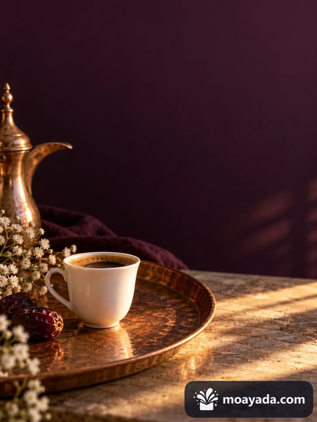 فنجان قهوة وصينية نحاسية بضوء مسائي دافئ