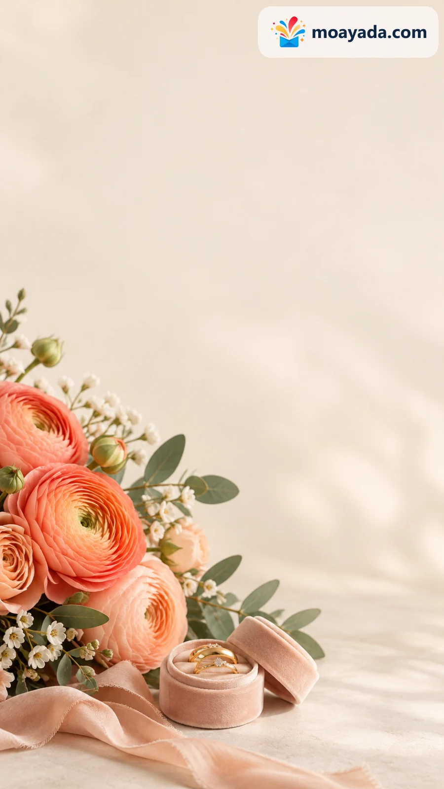 زهور حوذان مرجانية وعلبة خاتم خوخية وخاتمان على خلفية كريمية.