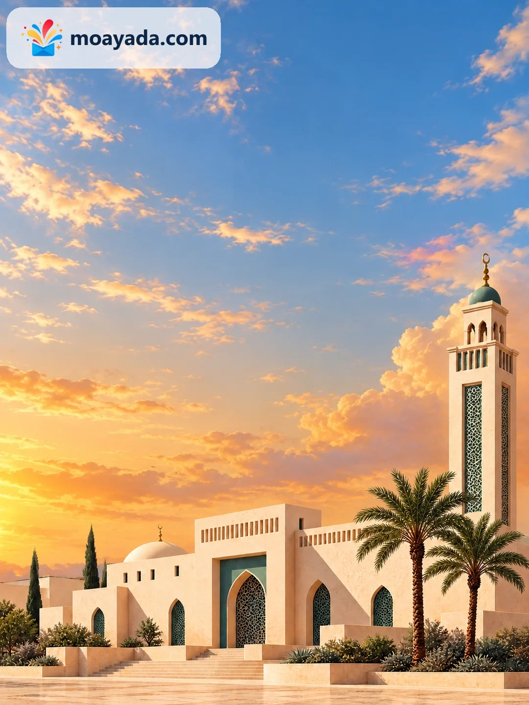 مسجد صغير ومئذنة مربعة بين نخيل على أرضية مشمشية دون نص مطبوع.