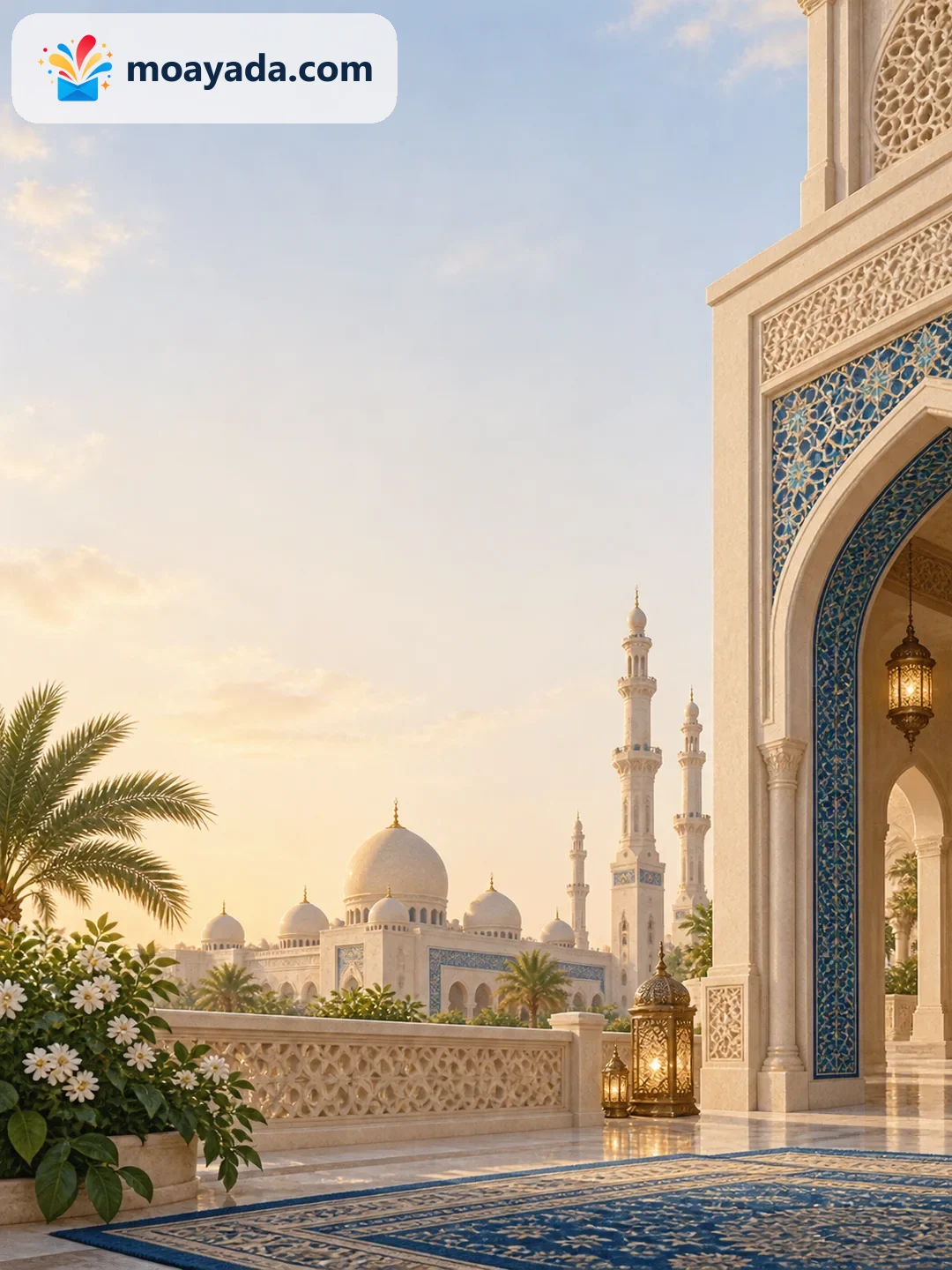 مدخل مقوس مزين بخزف أزرق وسجادة صلاة مع مسجد في الخلفية دون نص مطبوع.