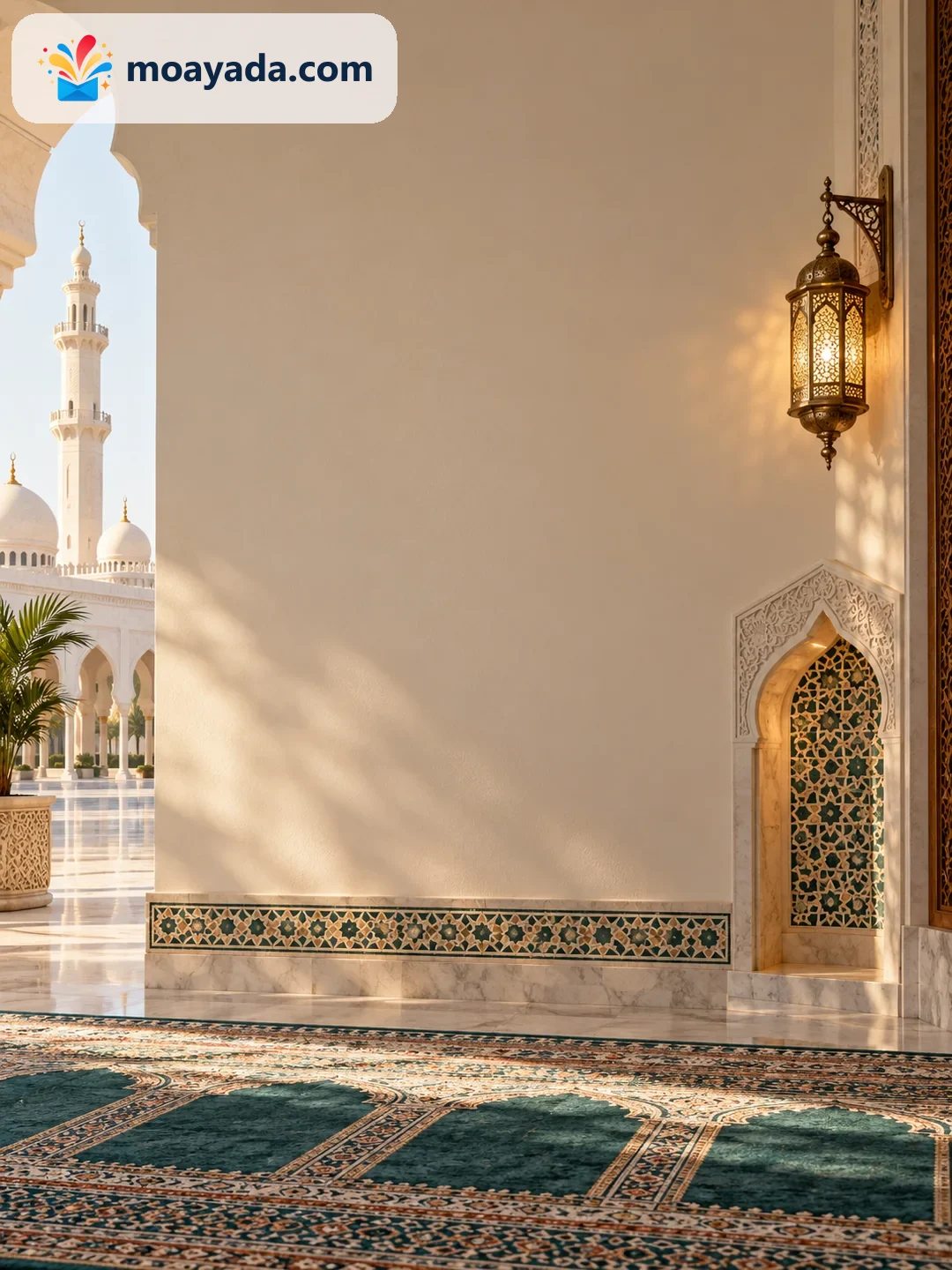 مصباح نحاسي بجوار محراب بسيط في ضوء دافئ دون نص مطبوع.