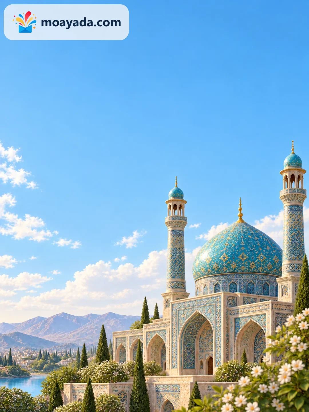 واجهة مسجد مزينة بخزف أزرق وتفاصيل هندسية محدودة دون نص مطبوع.