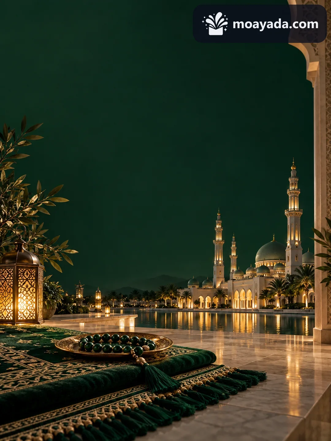 سجادة صلاة ومسبحة قرب صينية نحاسية على أرضية داكنة دون نص مطبوع.
