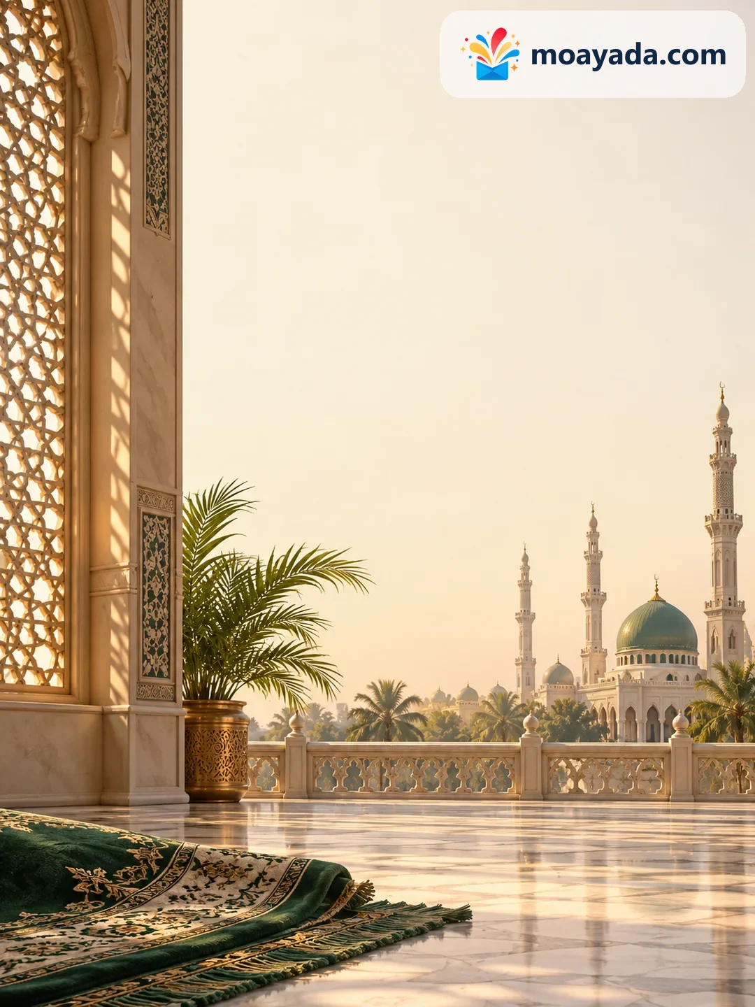 نافذة مشربية تلقي ضوءاً هادئاً قرب سجادة صلاة دون نص مطبوع.