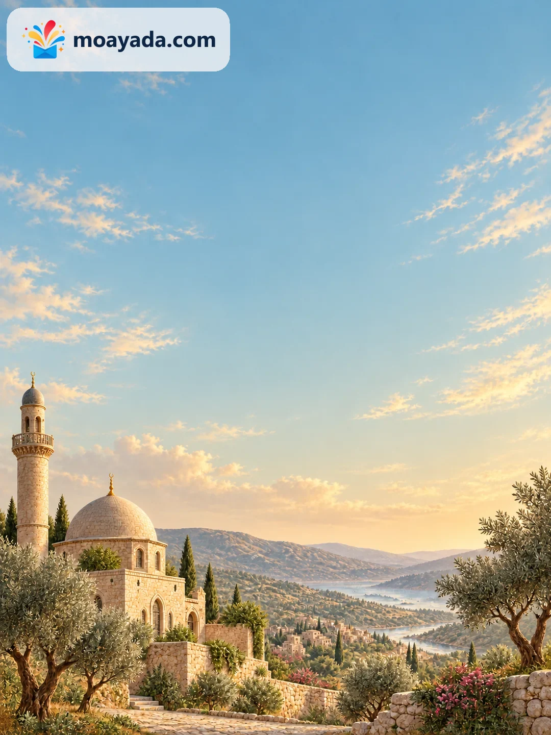 مسجد صغير بين تلال ناعمة وأشجار زيتون بألوان ترابية دون نص مطبوع.
