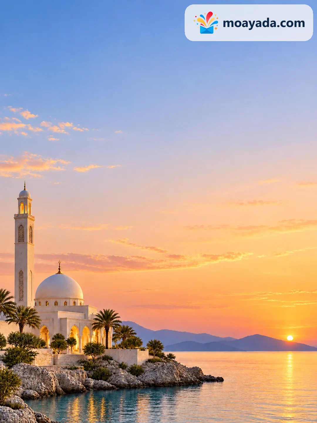 مسجد أبيض قريب من الماء ينعكس عليه ضوء صباح ناعم دون نص مطبوع.