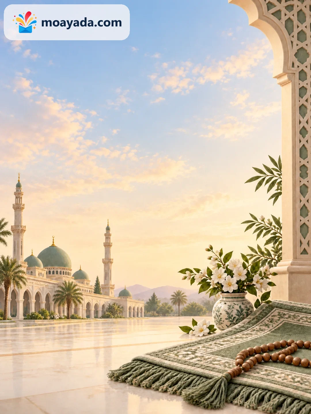 سجادة صلاة زيتونية ومسبحة قرب إناء صغير بزهر أبيض دون نص مطبوع.