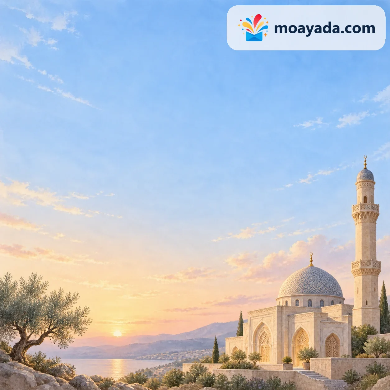 مسجد حجري صغير تحت سماء فجر هادئة دون نص مطبوع.