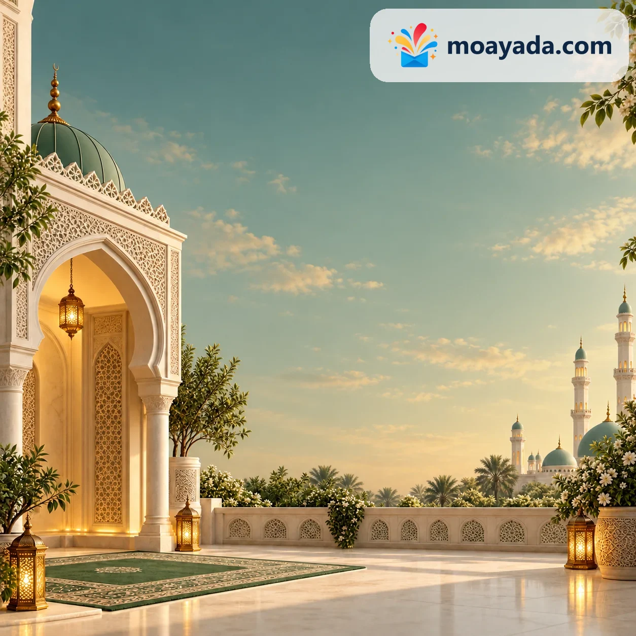 قوس مزخرف وسجادة صلاة خضراء يطلان على فناء مسجد هادئ دون نص مطبوع.