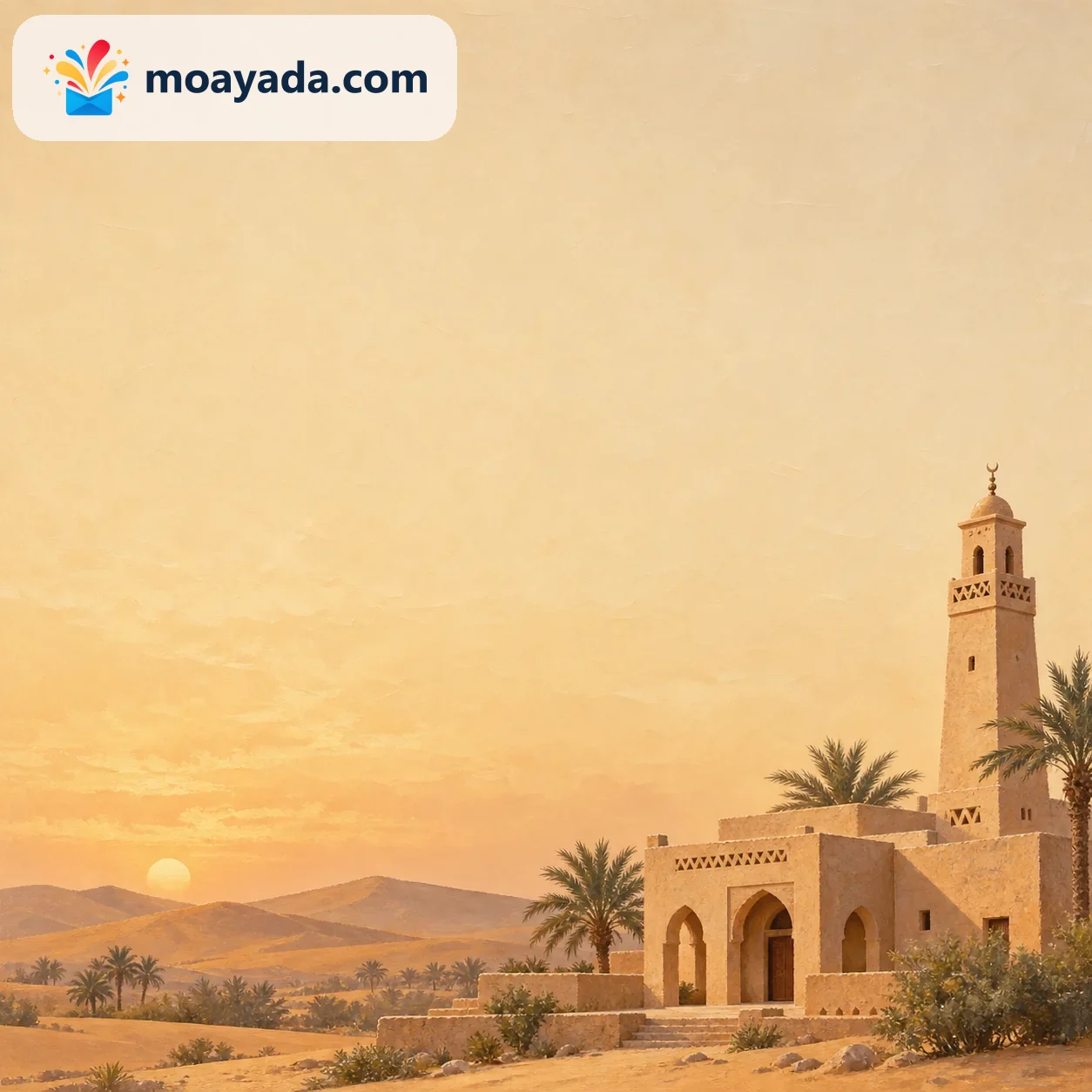 مسجد طيني بسيط ومئذنة واحدة بين كثبان ناعمة دون نص مطبوع.