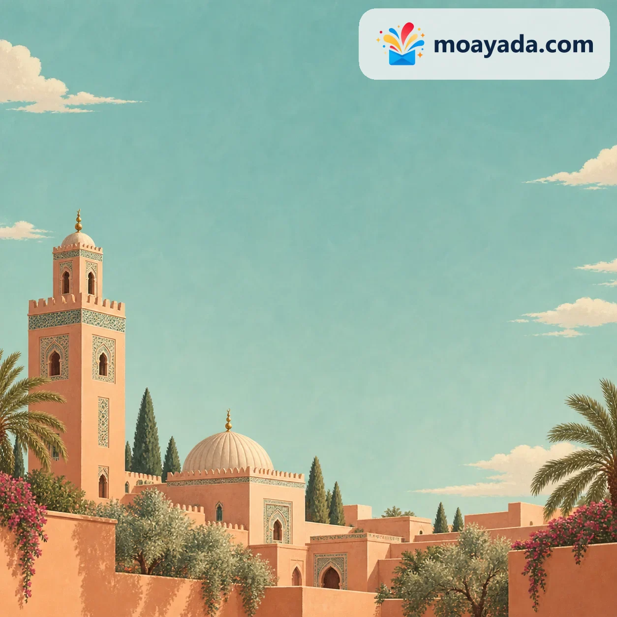 مسجد صغير ومئذنة مربعة تحت سماء تركوازية فاتحة دون نص مطبوع.