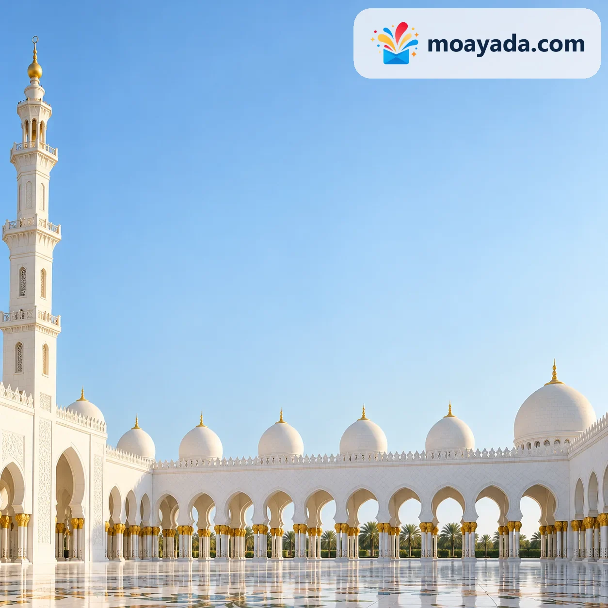 أروقة مسجد بيضاء تمتد عند الحافة السفلية دون نص مطبوع.