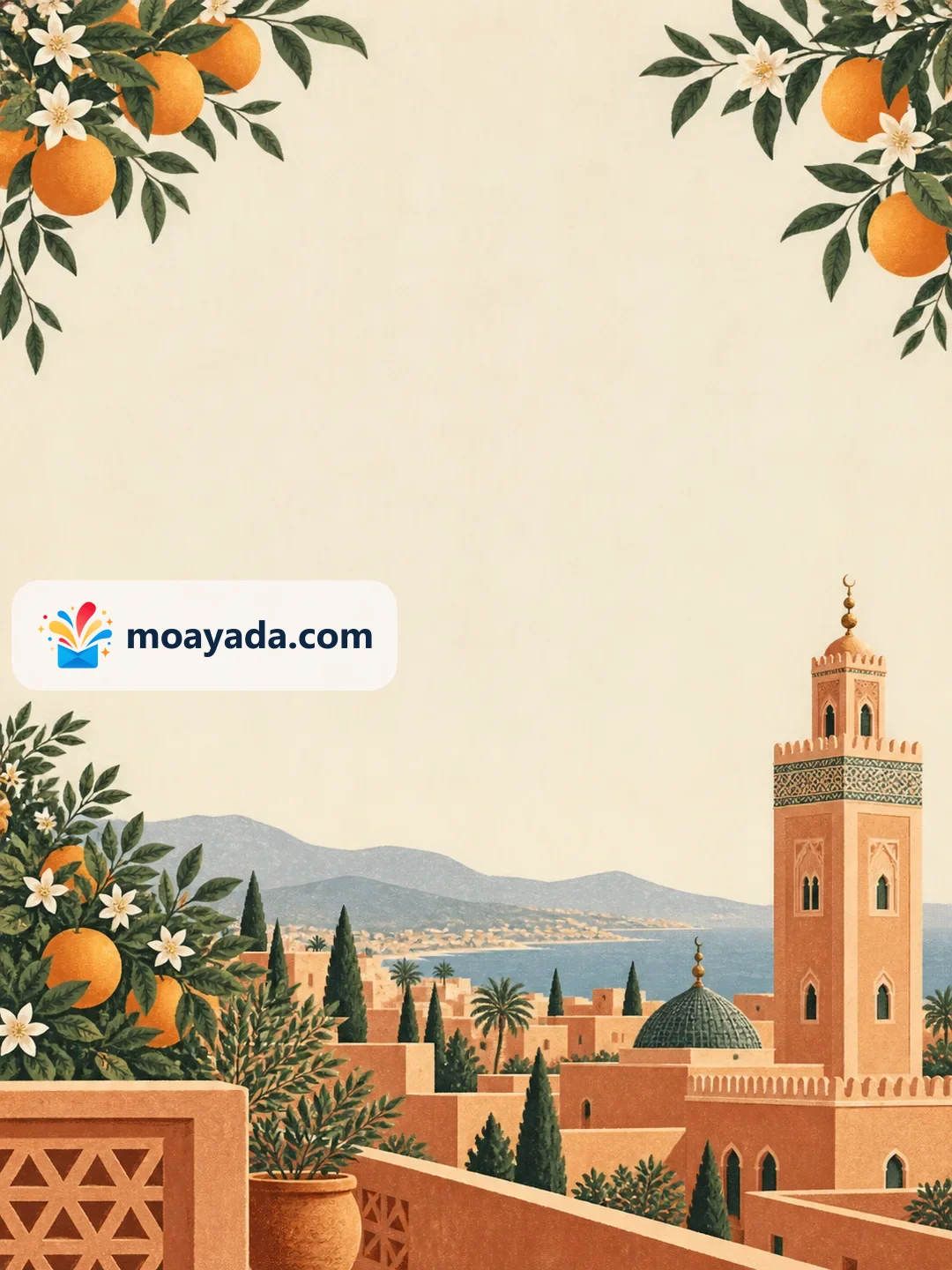 مئذنة مربعة بلون الطين ترتفع من مسجد تحيط به أشجار خضراء دون نص مطبوع.