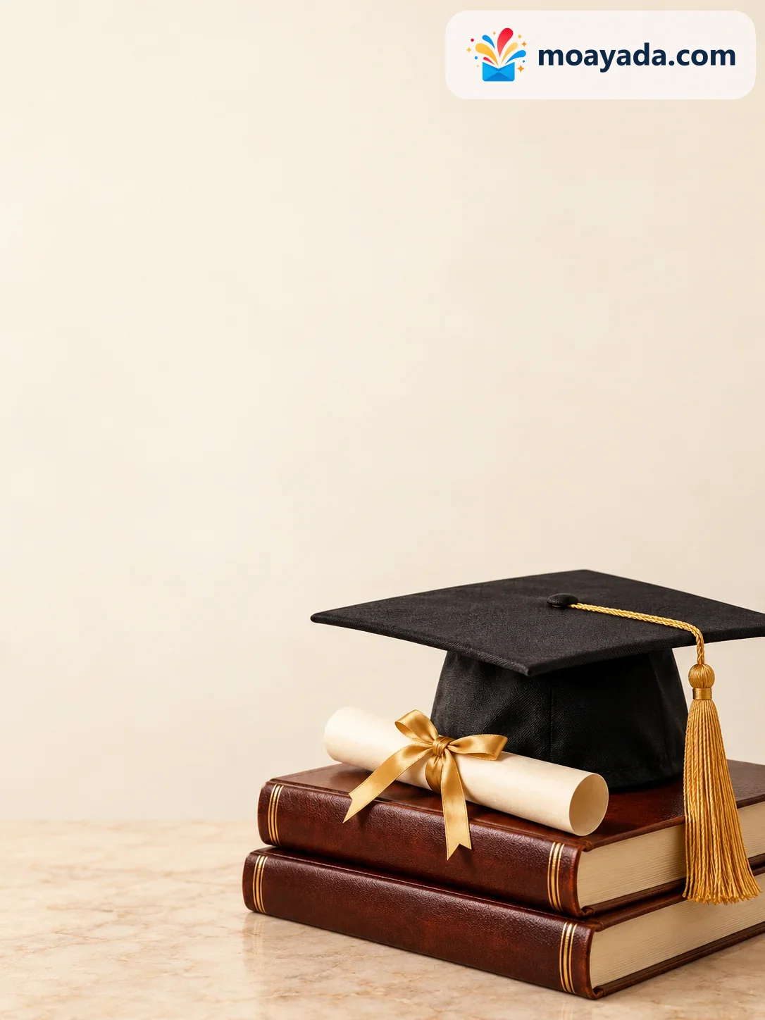 قبعة سوداء وشهادة فوق كتابين مغلقين بلون بني دون عناوين.