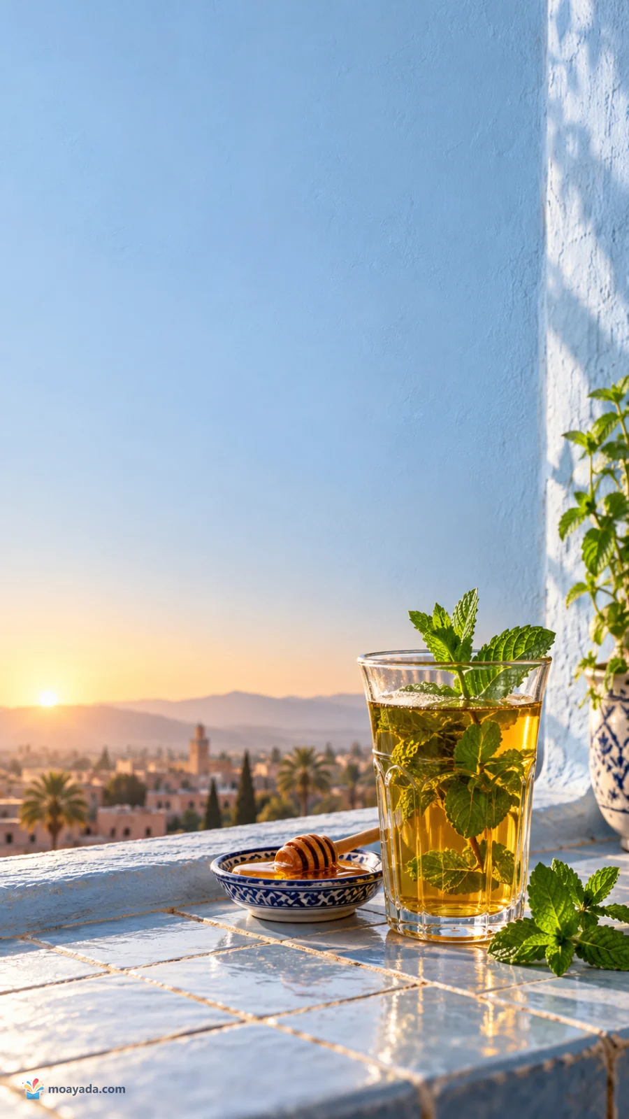 كوب شاي بالنعناع والعسل على حافة زرقاء وقت الفجر