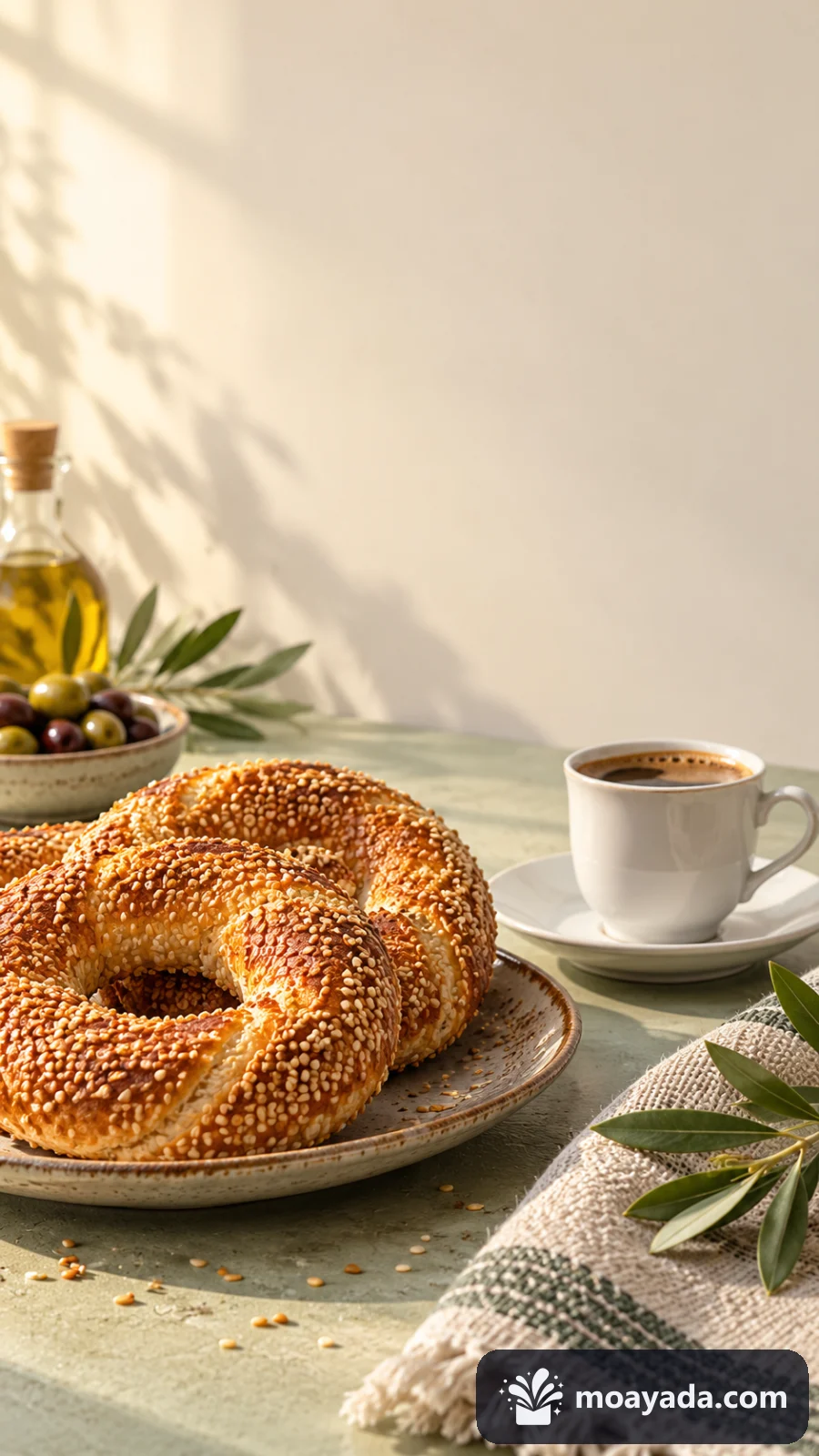كعك بالسمسم وفنجان قهوة على طاولة مضاءة بالشمس