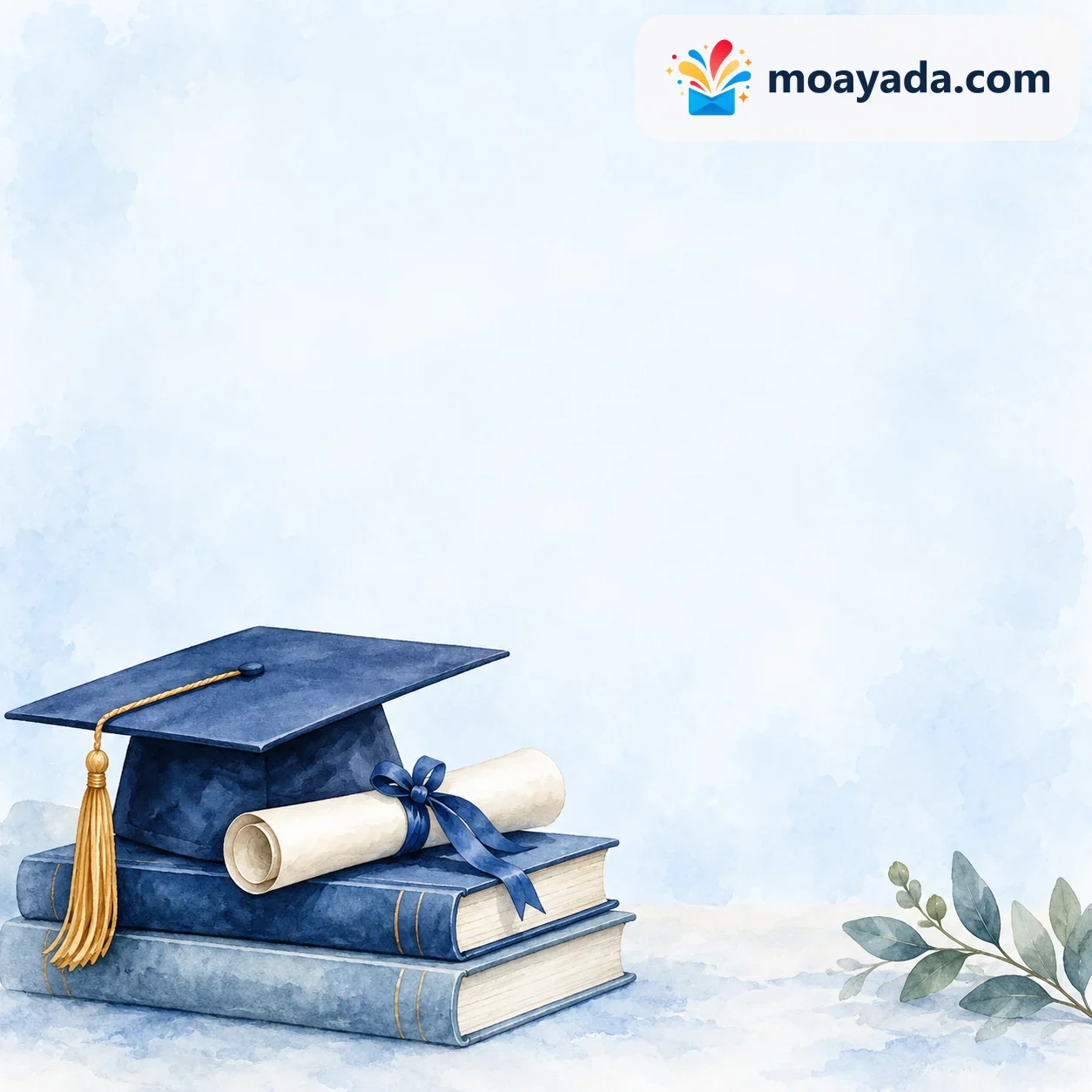 قبعة زرقاء وشهادة فوق كتب مرسومة بالماء دون عناوين.