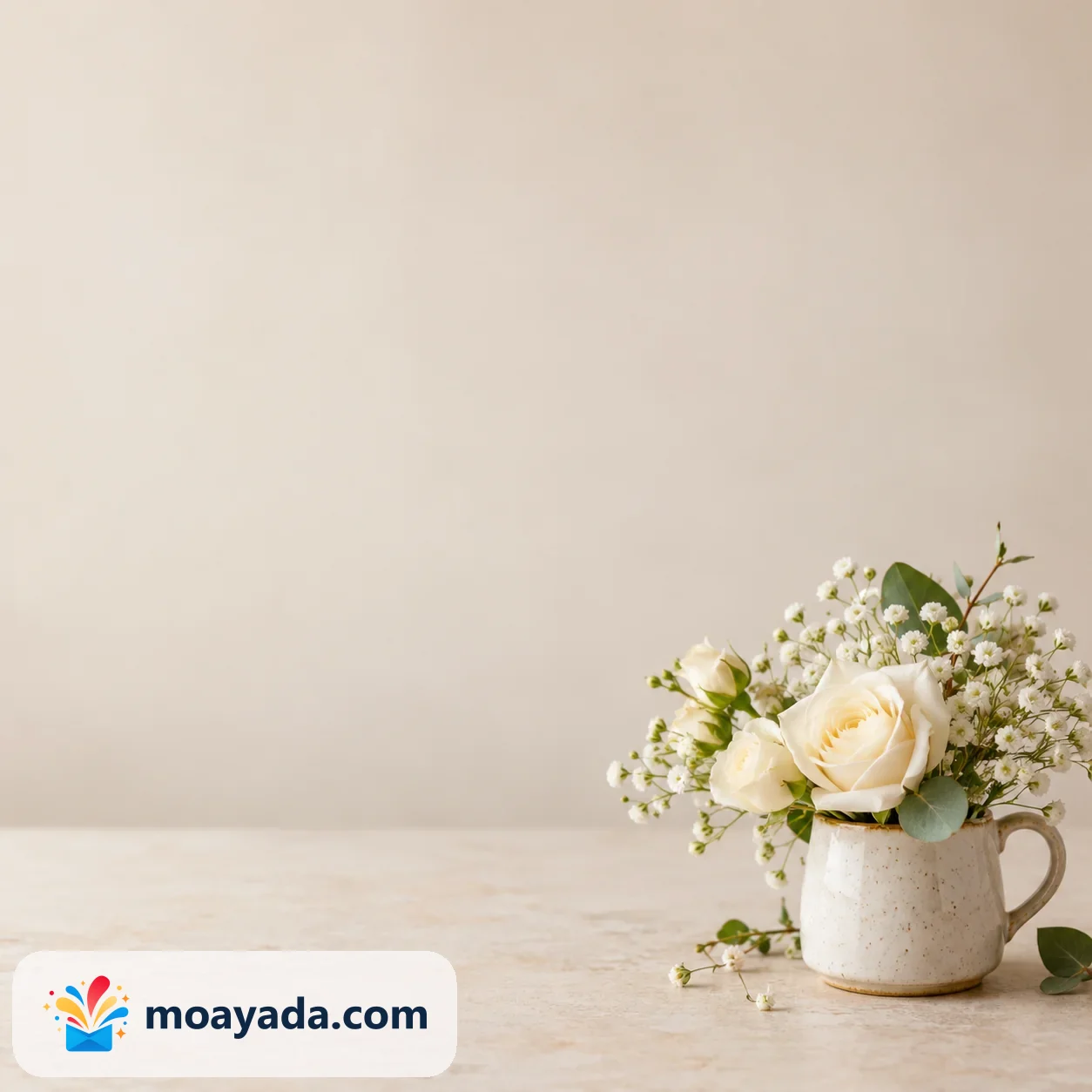 كوب خزفي صغير يحمل زهورًا كريمية عند أسفل خلفية بيج مربعة