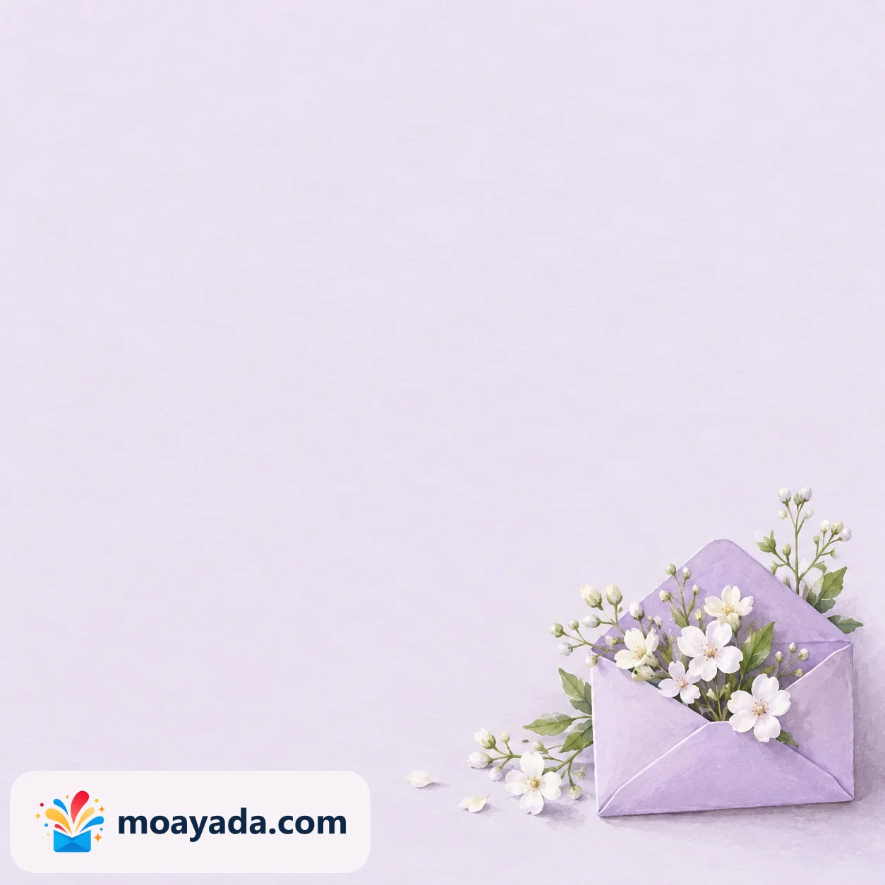 ظرف ليلكي يحمل زهورًا بيضاء صغيرة عند الركن السفلي الأيمن