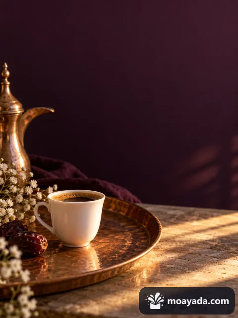 فنجان قهوة وصينية نحاسية بضوء مسائي دافئ