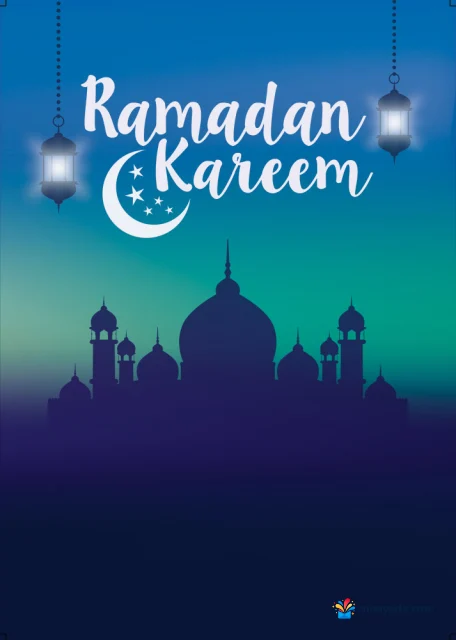 عبارة رمضان كريم مع هلال ونجوم وفانوسين معلّقين وظل مسجد على خلفية زرقاء وخضراء.