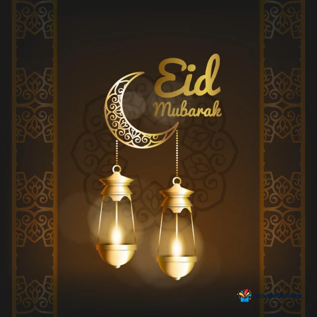 هلال ذهبي مزخرف وفانوسان مضيئان متدليان مع كتابة عيد مبارك.